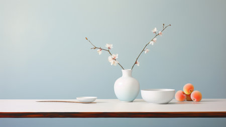 a white vase adorned with cherry blossoms sits elegantly on a surface, showcasing the essence of japanese minimalism. the light sky-blue and light maroon hues create a soft color blending effect, enhancing the serene atmosphere. this uhd image captures the juxtaposition of objects, highlighting the beauty of minimalist ceramics and the delicate charm of cherry blossoms. ai generatedの素材