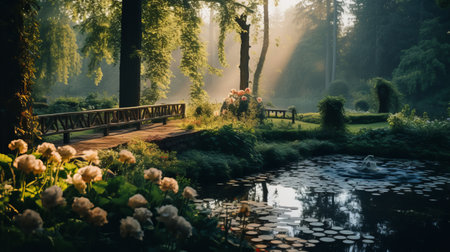 an undeveloped and unfinished garden with trees and a pond, capturing the essence of a romantic soft focus and ethereal light. this dutch tradition-inspired scene is bathed in sunrays, creating a nature-inspired imagery reminiscent of die brucke. the dark green foliage and light amber hues add depth and beauty to this captivating composition. ai generatedの素材