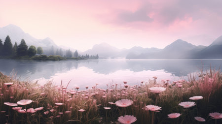 pink flowers bloom in a picturesque scene, framed by a serene lake and majestic mountains. this realistic landscape, created by mike campau, captivates with its soft, tonal colors and a gentle mist that adds to the layered and atmospheric beauty. the image transports viewers to a romantic and dramatic fantasy setting, evoking a sense of awe and wonder. ai generatedの素材