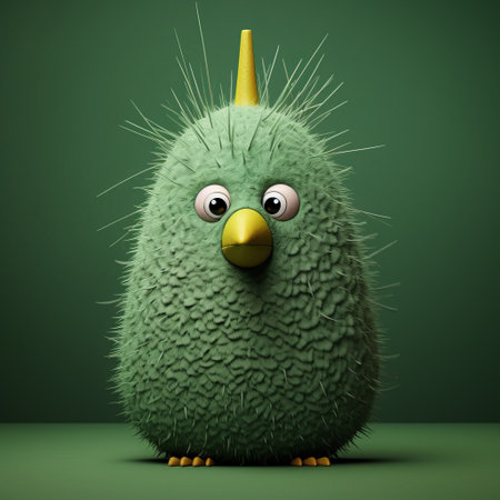 a close-up shot of a green bird plush toy figurine with painted eyes on its head. this adorable toy is designed in the style of evgeni gordiets, clemens ascher, didier lourenco, concrete, inventive character designs, and spiky mounds. ai generatedの素材