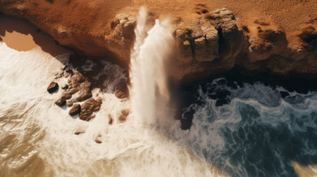 an aerial view of water cascading out of a cliff, captured in the style of photorealistic fantasies. the image showcases a mesmerizing blend of light orange and beige tones. with its 32k uhd resolution, this evocative environmental portrait highlights the beauty of australian landscapes. shot using a rollei prego 90 camera, this photograph is a stunning example of environmental portraiture. ai generatedの素材