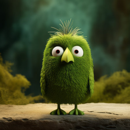 a close-up shot of a green bird plush toy figurine with painted eyes on its head. this adorable toy is designed in the style of evgeni gordiets, clemens ascher, didier lourenco, concrete, inventive character designs, and spiky mounds. ai generatedの素材
