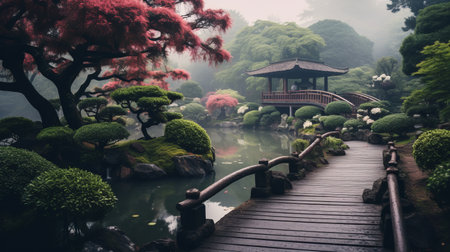 japanese garden and statue in the fog stock photo featuring dreamy compositions, rich color palette, and photorealistic landscapes. the image showcases atmospheric and moody landscapes with dreamlike architecture. the green and crimson hues create a pastel-colored scenery, adding to the overall enchanting ambiance. ai generatedの素材