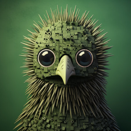a close-up shot of a green bird figurine with painted eyes on its head, displayed on a letter board. the figurine is crafted in the style of evgeni gordiets, clemens ascher, didier lourenco, concrete, inventive character designs, and spiky mounds. this unique piece showcases intricate details and artistic creativity. ai generatedの素材