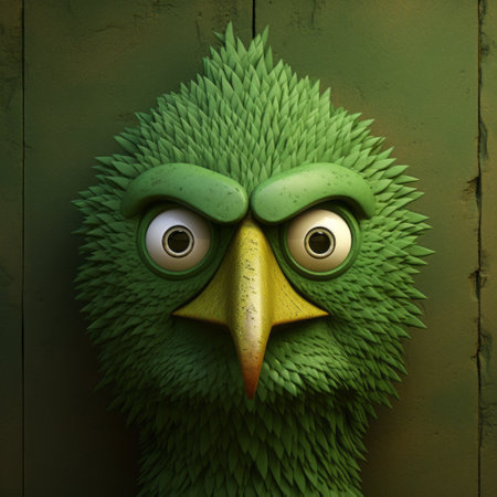 a close-up shot of a wall clock featuring a green bird figurine with painted eyes on its head. this unique clock design is reminiscent of the styles of evgeni gordiets, clemens ascher, didier lourenco, concrete, inventive character designs, spiky mounds. ai generatedの素材