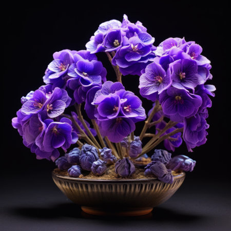 flowers in a bowl, set against a dark background, showcase the intricate beauty of traditional chinese violet blooms. this high-resolution photograph captures the essence of ultraviolet photography, reminiscent of the shang dynasty era. ai generatedの素材