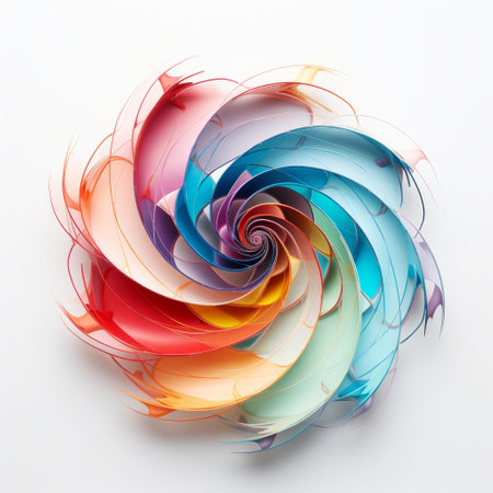 a small, colorful spiral of paper rests on a surface, resembling graceful sculptures. this digital airbrushing artwork is made of flowers, intertwining materials, and flowing lines. the intricate design showcases elements of tinkercore, while the vibrant colors evoke the vividness of kodak colorplus film. ai generatedの素材
