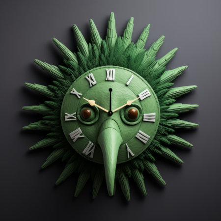 a close-up shot of a wall clock featuring a green bird figurine with painted eyes on its head. this unique clock design is inspired by the styles of evgeni gordiets, clemens ascher, didier lourenco, concrete, inventive character designs, spiky mounds. ai generatedの素材