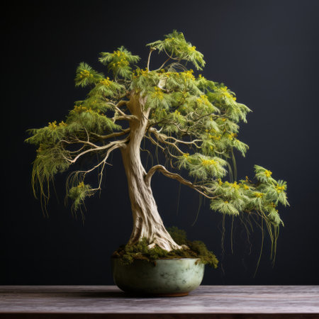 a bonsai tree in a vase, captured with a nikon d750, stands against a dark background. the photograph showcases the precisionist lines and shapes, reminiscent of sacha goldberger's style. the composition by patrick dougherty features delicate brushwork, with light green and yellow hues. the use of precious materials adds an elegant touch to the image. ai generatedの素材