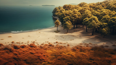 aerial view of a large island's beach, surrounded by trees and located near the sea. this stunning image showcases warm tones and a terragen-like atmosphere, capturing the beauty of the woodland scenery. it is a fine art photograph with a retro filter, displaying vibrant yellow and amber hues. this uhd image is a perfect example of atmospheric woodland imagery. ai generatedの素材