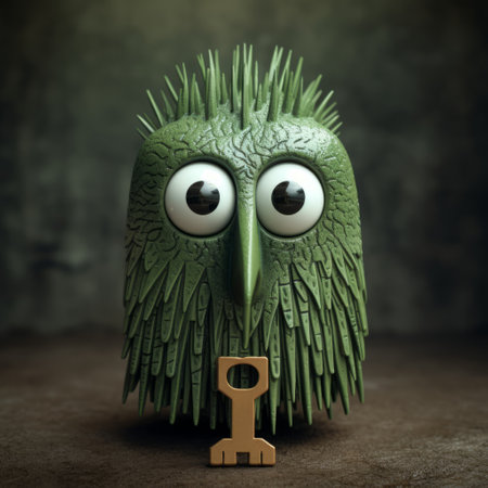 a close-up shot of a green bird figurine key holder with intricately painted eyes on its head. this unique piece is reminiscent of the artistic styles of evgeni gordiets, clemens ascher, didier lourenco, concrete, inventive character designs, and spiky mounds. ai generatedの素材