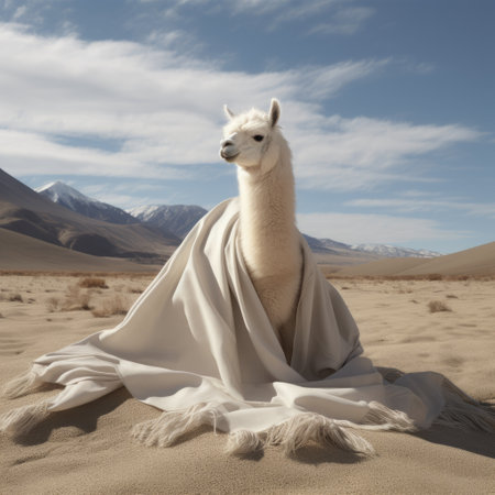 an alpaca, in the style of surreal fashion photography, lies on top of a blanket in the desert. the image showcases flowing fabrics, hyperrealistic sculptures, and himalayan art. the light white background adds to the surreal atmosphere. this uhd image captures the alpaca's features in photographically detailed portraitures. ai generatedの素材