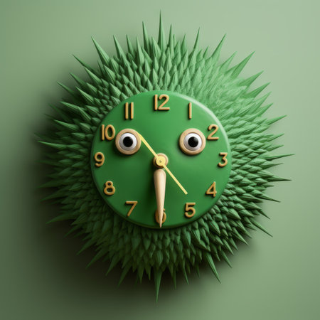 a close-up shot of a wall clock featuring a green bird figurine with painted eyes on its head. the clock is designed in the style of evgeni gordiets, clemens ascher, didier lourenco, concrete, inventive character designs, and spiky mounds. ai generatedの素材