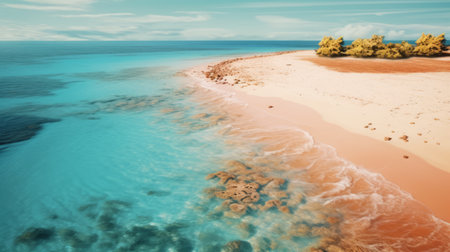 aerial view of a beach on a caicos island, showcasing soft, blended colors in shades of light red and azure. this stunning photograph captures the essence of photobashing, romantic riverscapes, and the art of tonga. it also draws inspiration from the australian landscape and nature-inspired imagery. ai generatedの素材