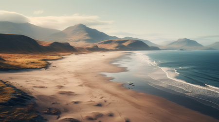 a stunning uhd image captures a sandy beach nestled near majestic mountains in the distance. inspired by the style of jessica rossier, this scottish landscape showcases post-processing techniques with a touch of light cyan and light amber. this high-quality national geographic photo immerses viewers in the beauty of nature. ai generatedの素材