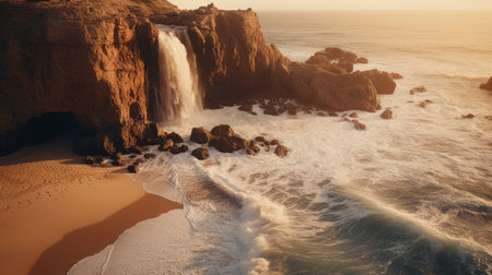 a stunning photograph captures a sunset over an ocean, featuring large waterfalls cascading into the sea. the image is created in the style of delicate washes, with photographically detailed portraitures. it showcases the use of unreal engine 5 by joo artur da silva, resulting in chromatic landscapes with a beautiful blend of light amber and white tones. the high resolution of the photo enhances itsの素材
