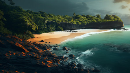 a stunning photo of a beach near a vast ocean and rocky terrain, resembling a mysterious jungle. the image showcases a captivating blend of dark orange and light emerald hues. captured using vray tracing and kodak plus-x, this contest-winning photograph is truly breathtaking. with its astonishing beauty, it's hard to believe this image is in 32k uhd resolution. ai generatedの素材