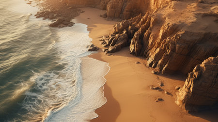 a stunning sea view of a beach and cliffs, beautifully rendered in cinema4d, showcasing golden hues. this captivating photo, reminiscent of the works of iber camargo and national geographic, captures the essence of the desertwave with its golden light. the image is presented in remarkable 8k resolution, allowing for an immersive visual experience. ai generatedの素材