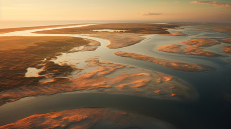 aerial view of a river at sunset, reminiscent of scarlett hooft graafland's lively coastal landscapes and ben goossens' romantic dramatic landscapes. the soft color fields and low depth of field create delicately rendered landscapes that evoke a sense of tranquility and beauty. ai generatedの素材