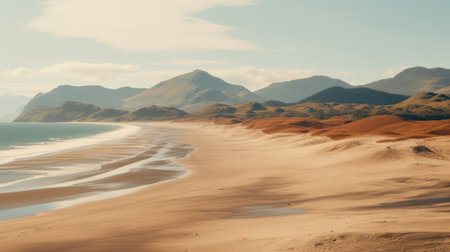 a sandy beach with rolling hills near the ocean, captured in a stunning muted colorscape mastery. this photo showcases the beauty of scottish landscapes, with its light amber and red hues. the nature-inspired imagery is enhanced by the use of vray tracing and the vintage charm of the minolta hi-matic 7sii camera. ai generatedの素材
