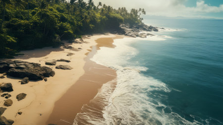 a stunning photograph captures a beautiful white beach, surrounded by the vast ocean. the beach resembles a mysterious jungle, with golden light illuminating the scene. the topographic photography showcases the intricate details of the landscape, with hints of light indigo and brown. this captivating image, reminiscent of cildo meireles' art, could easily grace the pages of national geographic, showcasing the naturalistic ocean waves. ai generatedの素材