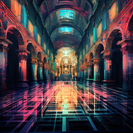 a church with vibrant, surreal cyberpunk-inspired floors is depicted in this image. the classical landscape merges with elements of glitch art, creating a mesmerizing hall of mirrors effect. the contrasting lights and darks highlight the precise and detailed architecture paintings. the color palette of dark cyan and amber adds an intriguing atmosphere to the scene. ai generatedの素材