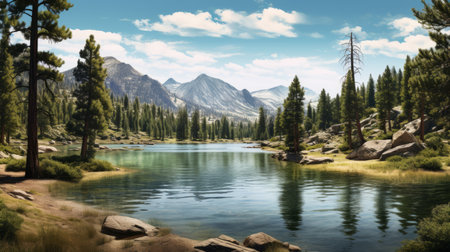 a scenic lake surrounded by majestic mountains, towering pines, and lush trees. this breathtaking photo captures the beauty of nature in a realistic and hyper-detailed rendering, reminiscent of california plein air style. the sublime wilderness and nostalgic imagery make it a perfect fit for an adventure-themed national geographic photo. ai generatedの素材