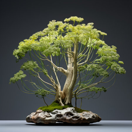 a small green herbaceous tree stands against a grey background, resembling organic sculptures. this national geographic photo showcases intricate details, with a combination of light green and amber hues. it captures the art of tonga, presenting lively tableaus through the technique of focus stacking. ai generatedの素材