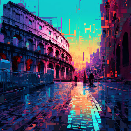 a photo showcasing a stunning composition with beautiful colors reminiscent of pixelated landscapes, roman art and architecture, ray tracing, luminous brushstrokes, detailed crowd scenes, perspective-bending graffiti, and cross-processed film. ai generatedの素材