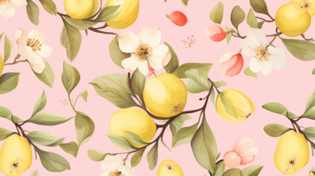 a photo of a pattern featuring lemons and blossoms, showcasing delicate shading and vibrant stage backdrops. the design evokes a nostalgic feel reminiscent of applecore and pink, with a flat and limited shading style. the pattern is characterized by its realistic detail, capturing the beauty of the lemons and blossoms. ai generatedの素材