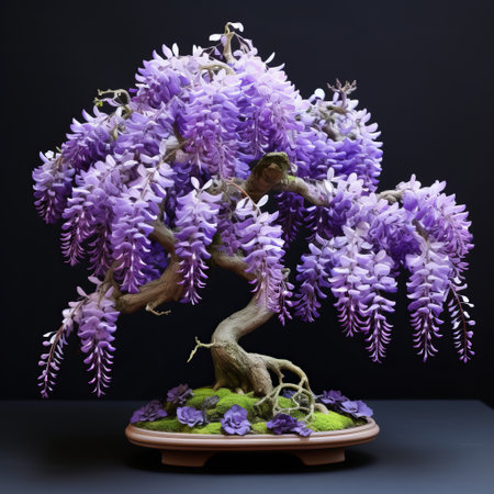 a stunning photograph of a wisteria tree, showcasing its miniature size and capturing the essence of artists like mike campau, mamoru oshii, and stephen shortridge. this image beautifully highlights the traditional craftsmanship and the voluminous forms created by the flowers. with its high resolution, every detail of this captivating creation is brought to life. ai generatedの素材