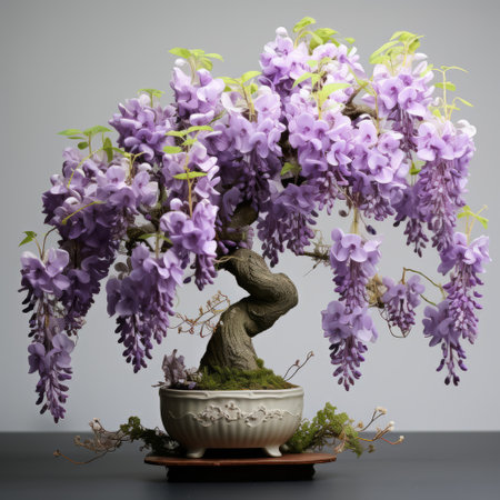 blooming wisteria trees in a pot, inspired by the style of mike campau, showcase detailed still lifes with a touch of traditional japanese artistic techniques. the sculpted trees, reminiscent of bayard wu's work, exude a graceful form. keywords: blooming wisteria trees, pot, mike campau style, detailed still lifes, traditional japanese artistic techniques, sculpted, bayard wu, graceful forms. ai generatedの素材