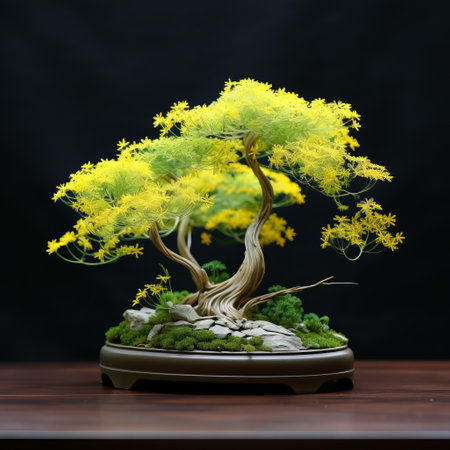yellow maple tree on a black plate, resembling a zbrush sculpture. this miniature artwork showcases a blend of light gray and green hues, enhanced by the use of precious materials. the intricate floral arrangements add a touch of elegance to the composition. captured with a tokina at-x 11-16mm f/2.8 pro dx ii lens, this photo evokes the artistic essence of the sui dynasty. ai generatedの素材