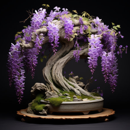 a hyper-realistic sculpture of a bonsai tree, featuring intricate details and made from vines, is showcased against a backdrop of vibrant purple flowers. this wood sculpture, created in the mori kei style, incorporates post-processing techniques and the use of precious materials. the flowing brushwork adds to the overall artistic appeal of this stunning piece. ai generatedの素材