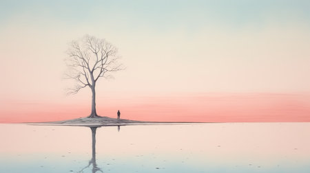 a monochromatic minimalist portrait by alex andreev, this painting captures a tree standing in the water during a serene sunset. the light maroon and light azure hues create a tranquil atmosphere, reminiscent of desolate landscapes. with its stark minimalism and high resolution (8k), this artwork echoes the style of david nordahl. ai generatedの素材