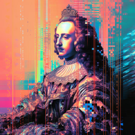 a vibrant portrait capturing the essence of baroque sci-fi and glitchcore aesthetics. this artistic masterpiece combines revived historic art forms with elements of queencore and hyper-realistic water. the subject's exaggerated nobility is portrayed through a colorful pattern, reminiscent of kingcore style. ai generatedの素材