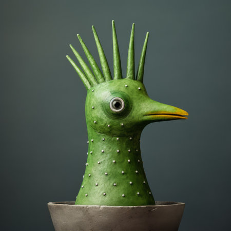 green bird figurine trinket dish with painted eyes on its head, reminiscent of the artistic styles of evgeni gordiets, clemens ascher, didier lourenco, concrete, inventive character designs, and spiky mounds. this close-up shot captures the intricate details and unique design of the dish. ai generatedの素材