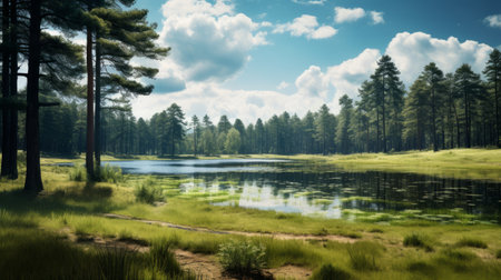 a stunning forest scene featuring trees and ponds, captured with the realistic hyper-detailed rendering style using the terragen software. the image showcases the beauty of nature with its brushstroke fields and the intricate details captured by the zeiss planar t 80mm f/2.8 lens. this 32k uhd photograph embodies the essence of forestpunk and scoutcore aesthetics. ai generatedの素材