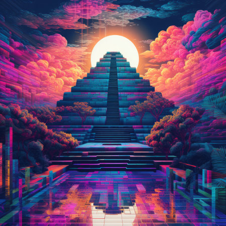 a pyramid surrounded by palm trees and clouds, depicted in a psychedelic art style reminiscent of mayan art and architecture. the hyper-realistic water features dark cyan and pink hues, creating a mesmerizing effect. the grandiose ruins of the pyramid are adorned with luminous reflections, adding a multilayered dimension to the artwork. ai generatedの素材