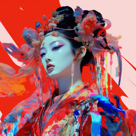 a woman wearing a vibrant flowering dress and bold red makeup is depicted in this colorful graphic art portrait. inspired by geisha portraiture and futuristic art, the style of this piece, created by yanjun cheng, is characterized by loose and fluid brushstrokes. the intense color saturation adds to the dreamlike quality of this captivating illustration. ai generatedの素材