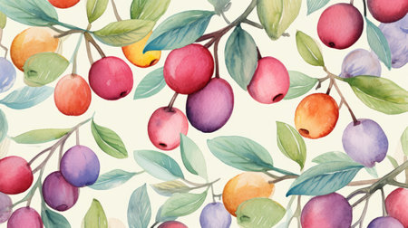 a watercolor illustration of vibrant berries, resembling nature-based patterns found in stage backdrops. the artwork showcases a combination of light yellow and light magenta hues, creating a visually appealing contrast. the use of fabric and bentwood elements adds texture and depth to the composition. the image has a resolution of 3840x2160 pixels, providing high-quality details. ai generatedの素材