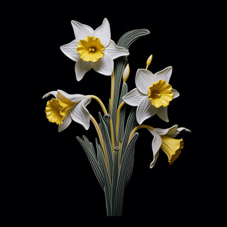a photorealistic image of a narcissus flower is captured in stunning detail, standing elegantly against a sleek black background. the organic architecture of the flower is beautifully portrayed, reminiscent of the delicate style of cicely mary barker's illustrations. the high contrast shot emphasizes the intricate curves of the narcissus, while incorporating native brasilian motifs, inspired by the works of martin puryear. ai generatedの素材