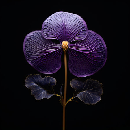 an artistic purple flower with small leaves on a black background, capturing the essence of photographically detailed portraitures. this stunning image, reminiscent of the shang dynasty, showcases the fine attention to anatomy and bold colors. the delicate markings and dark composition add depth and intrigue to this national geographic photo. ai generatedの素材