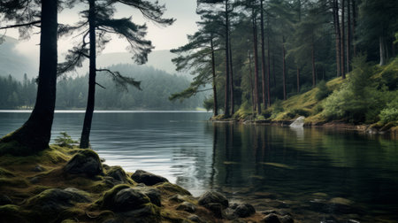 a serene water landscape featuring tree stumps and rocks, reminiscent of traditional british landscapes. the photo captures a moody atmosphere with its iconic cabincore elements. the use of transparency and opacity adds depth to the image, while the terragen effect enhances the overall aesthetic. ai generatedの素材
