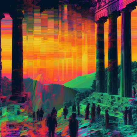 a vibrant glitch art painting depicting people strolling beneath a striking red building. this artwork combines elements of greek and roman art and architecture, as well as the style of max rive. the composition features columns and totems reminiscent of the ancient world, creating a romantic landscape vista. the color palette includes shades of light orange and dark green. ai generatedの素材