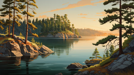 a stunning landscape painting capturing the beauty of autumn sunrise in a serene setting. this illustration, inspired by the style of patrick brown, showcases lakes and forests with coastal and harbor views. with its 8k resolution and panoramic scale, this artwork by jon mcnaught presents delicately rendered landscapes, offering nature-inspired imagery that will captivate any viewer. ai generatedの素材