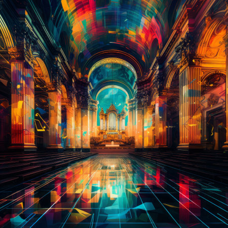 a hall featuring a vibrant and reflective ceiling, reminiscent of digital fantasy landscapes and religious symbolism. the artwork by guillem h. pongiluppi showcases a classical composition with psychedelic illustrations. the color palette includes dark cyan and light amber, creating a mesmerizing marbleized effect. ai generatedの素材