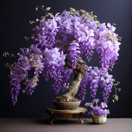 a small table adorned with a japanese wisteria tree, captured in the style of ultraviolet photography. this high-quality, high-resolution photo showcases realistic forms and intricate floral arrangements reminiscent of the shang dynasty. the image portrays a dramatic still life with captivating lighting. ai generatedの素材
