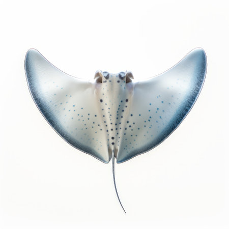 a silvery spotted ray swims gracefully against a white backdrop, resembling a conceptual light sculpture. the ray's mesmerizing colors of light indigo and light bronze create a striking contrast. captured using a mamiya rb67 camera, this aerial photograph showcases the vibrant and symmetrical asymmetry of the ray's sculptural costumes, highlighting the beauty of colorful fauna. ai generatedの素材