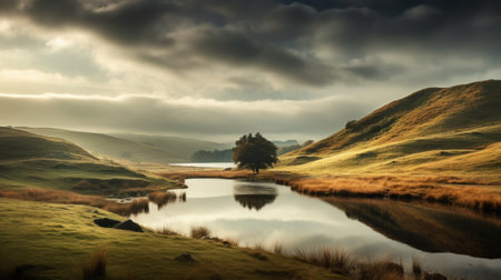 the landscape captures a serene and moody scene, reminiscent of traditional british landscapes. with the use of the tokina at-x 11-16mm f/2.8 pro dx ii lens, the image showcases luminous reflections and a layered composition. the soft pastel scenes create a tranquil ambiance, making it a captivating uhd image. ai generatedの素材